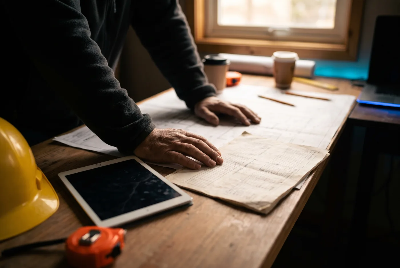 Handen van een aannemer naast een tablet en een papieren offerte op een werfbureau