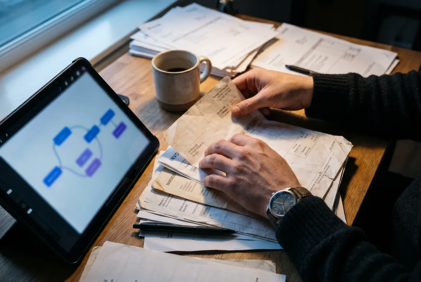 Handen van een ondernemer die papieren facturen en offertes sorteert naast een tablet