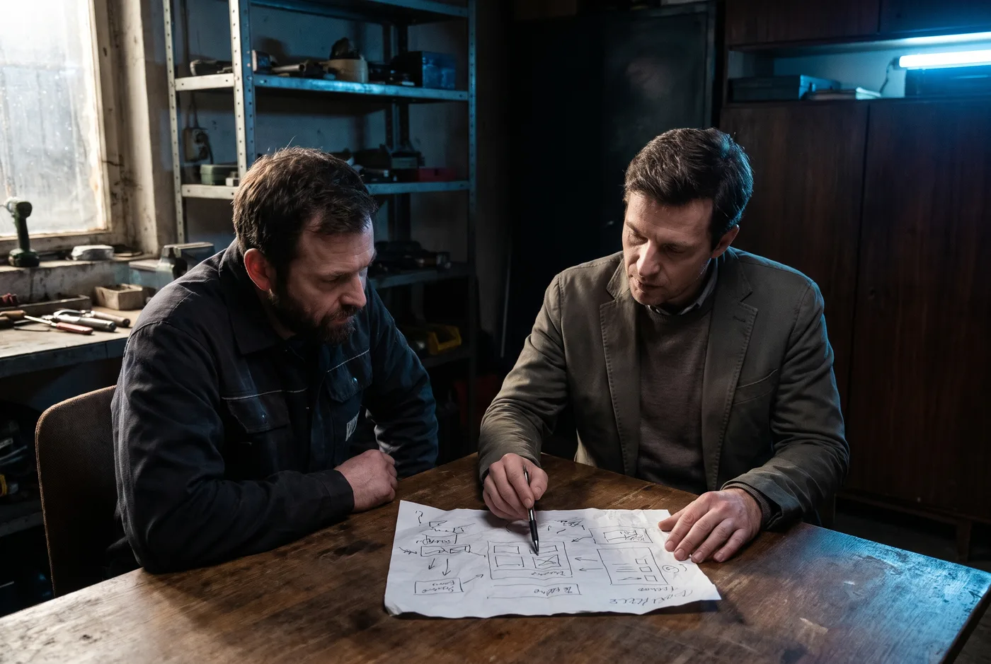 Twee ondernemers bespreken aan een tafel in een werkplaats welke taken ze willen automatiseren