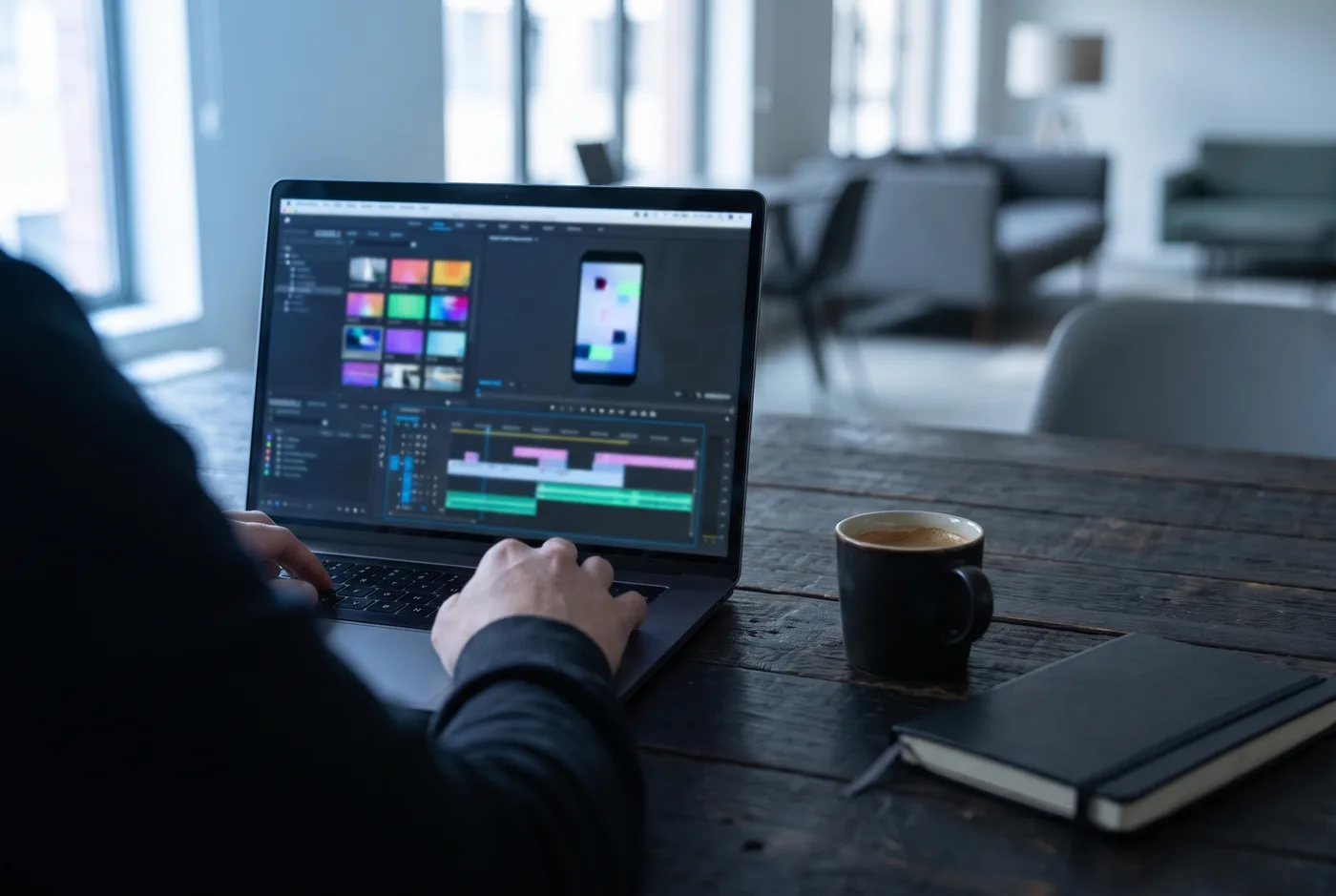Laptop met een videotijdlijn en vertical video-preview op een bureau