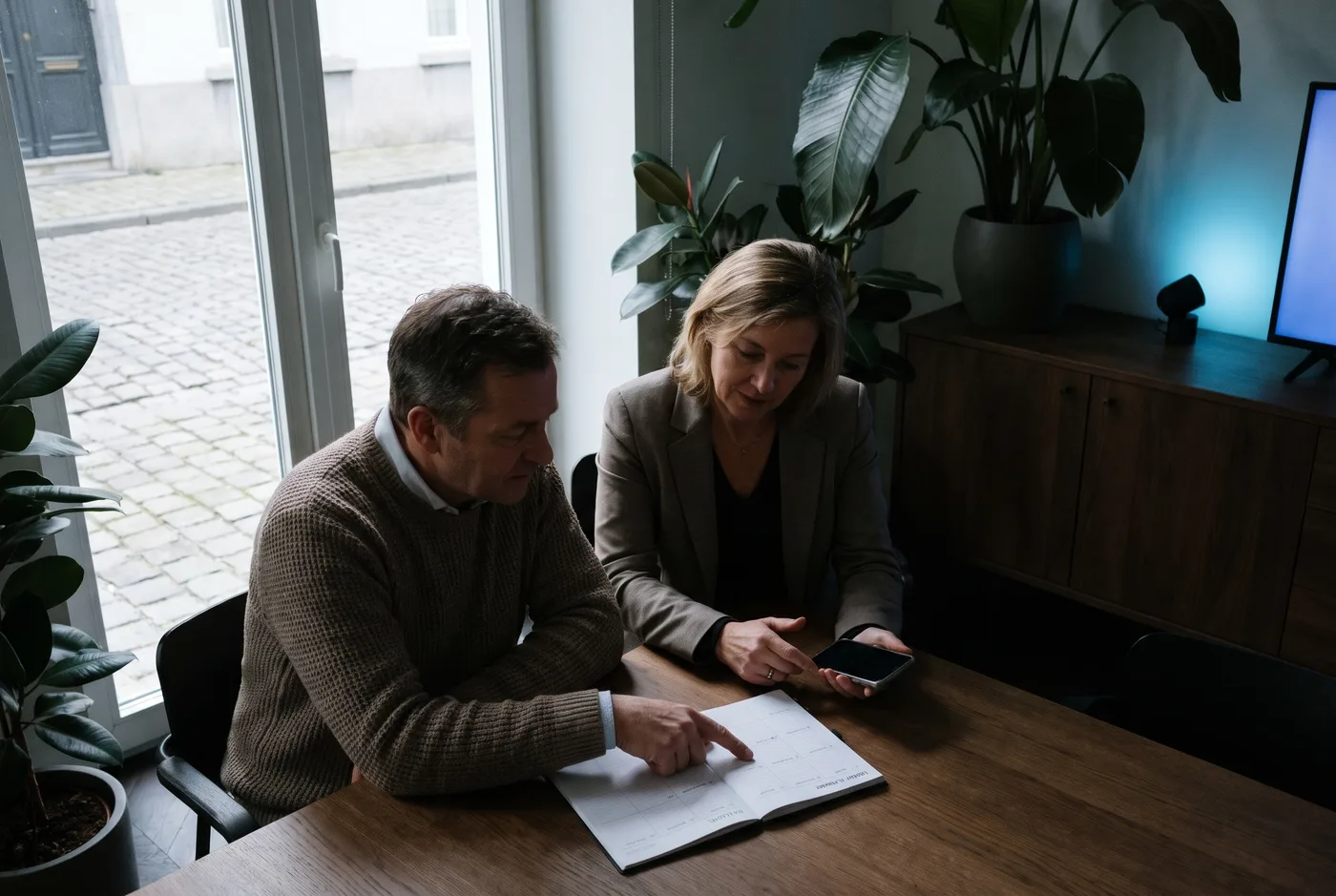 Twee ondernemers overleggen aan een vergadertafel over hun social media planning
