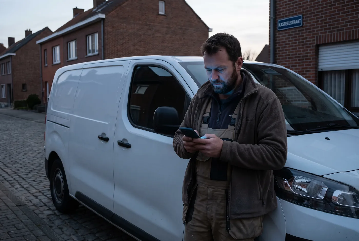 Zelfstandige aannemer controleert op zijn gsm hoe zijn website gevonden wordt