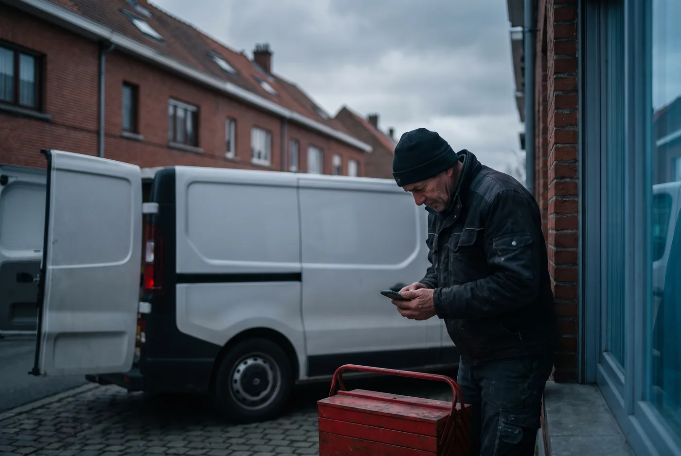 Loodgieter in werkkleding kijkt op zijn smartphone naast zijn bestelwagen