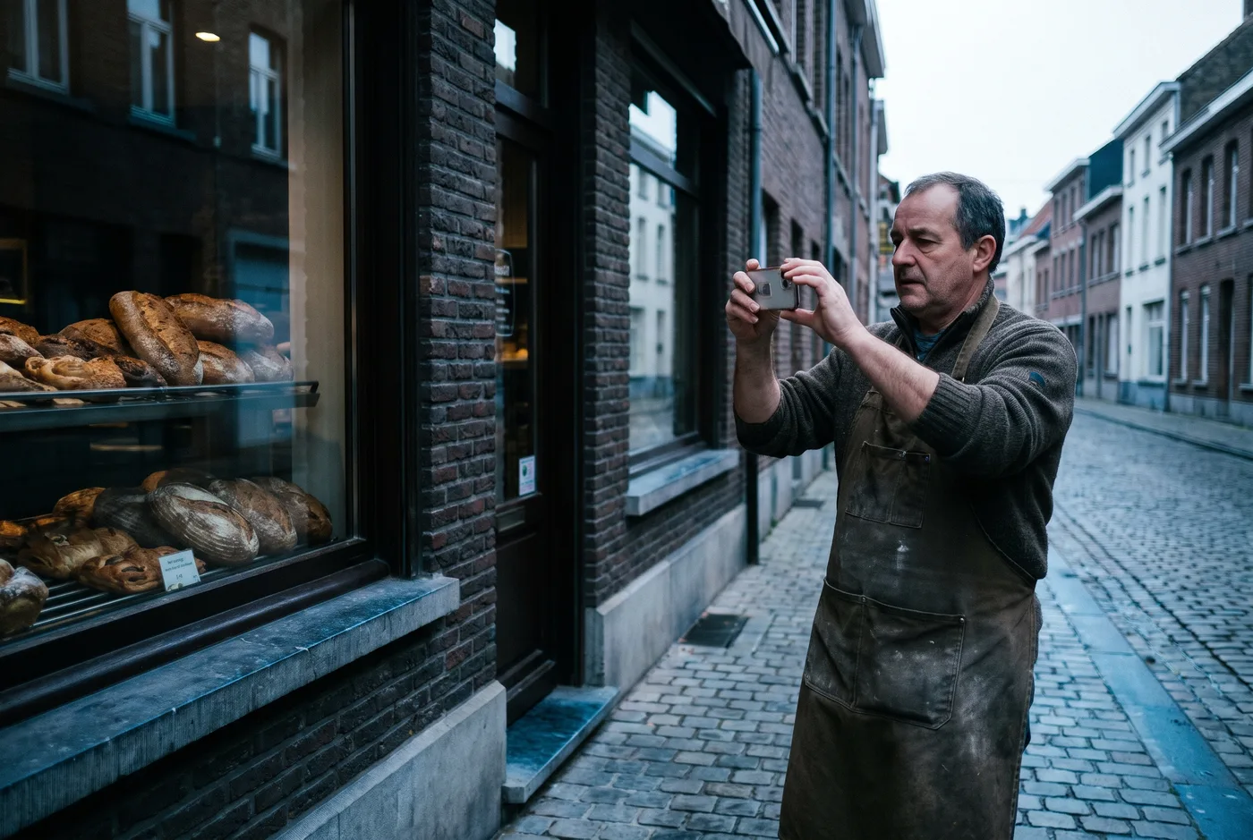 Bakker fotografeert zijn eigen winkelgevel met een smartphone