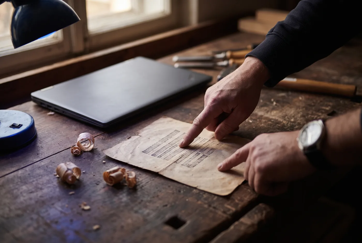 Handen wijzen een offerte aan naast een laptop op een werkbank in een atelier