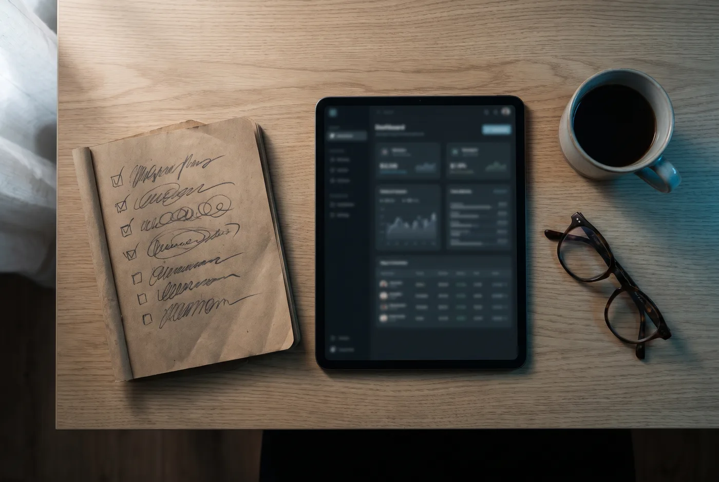 Checklist in een notitieboek naast een tablet en koffie op een bureau