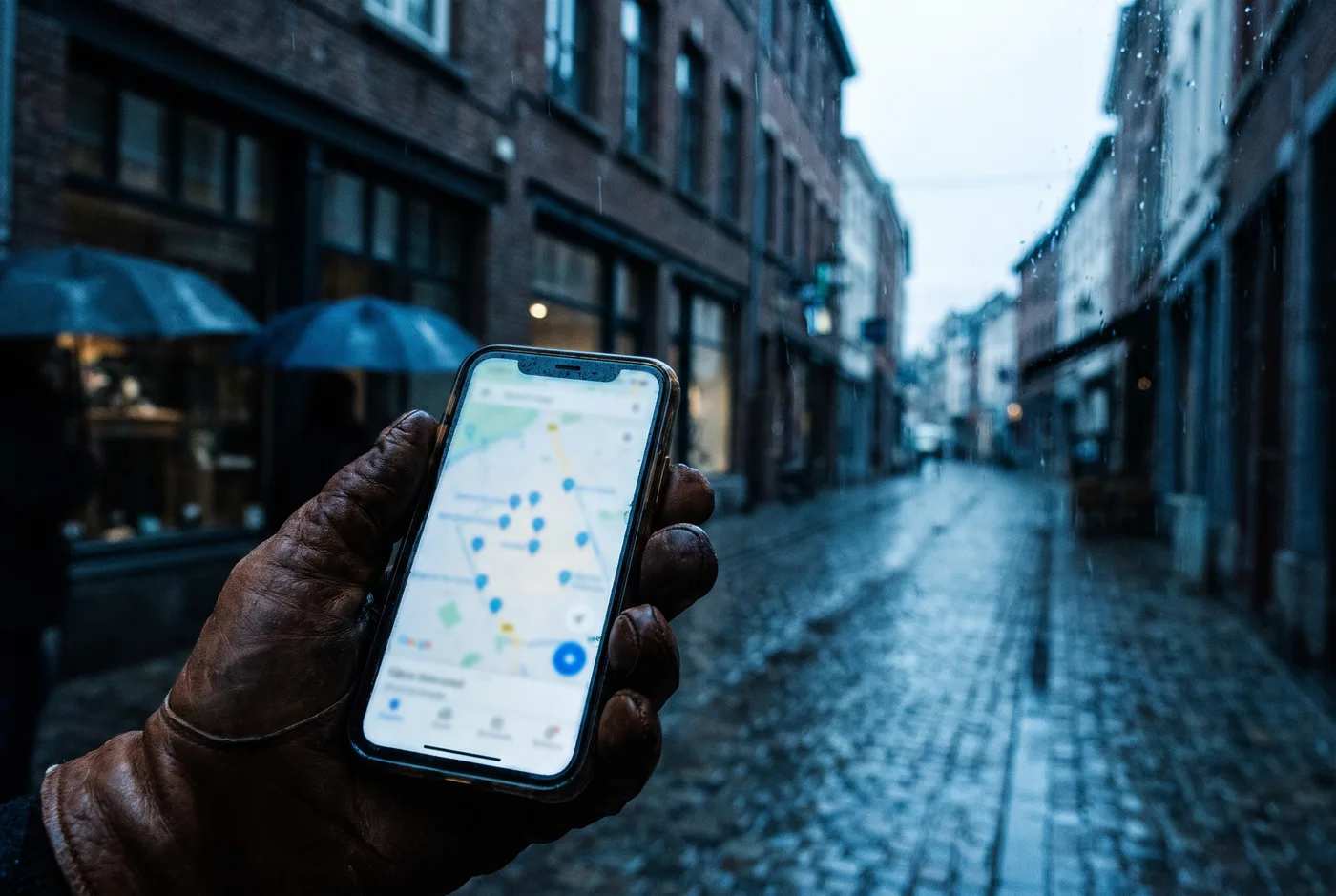 Smartphone met een kaartweergave van lokale bedrijven in de hand van een klant op straat