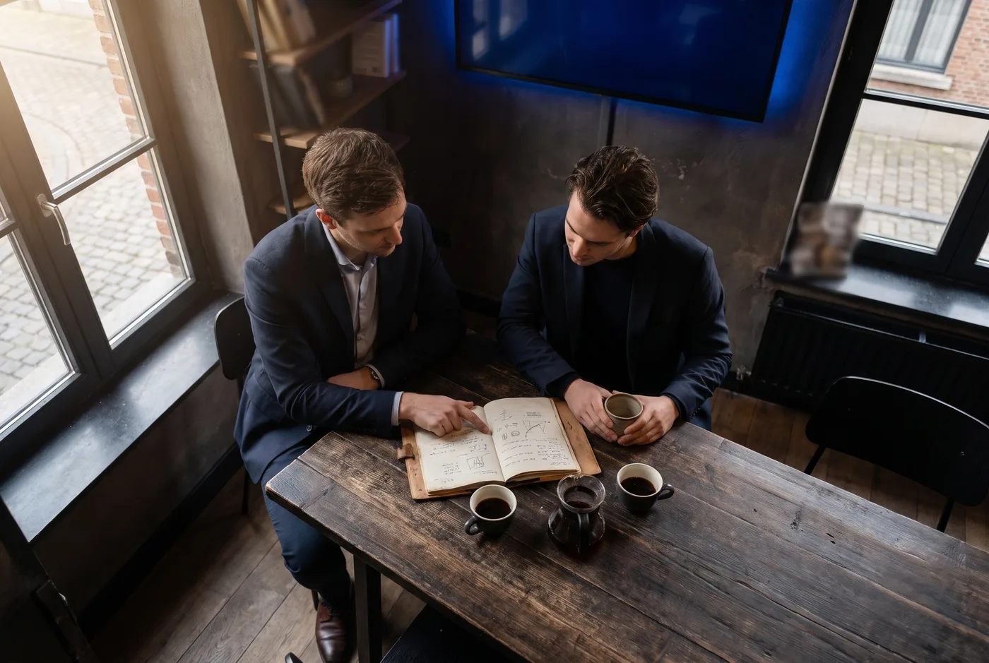 Twee ondernemers bespreken een marketingplan aan een tafel met notitieboek en koffie