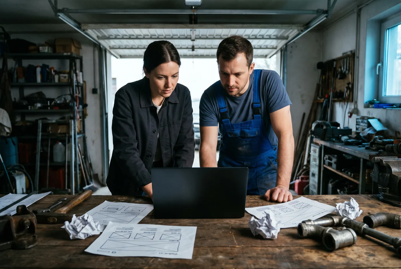 Webdesigner en loodgieter bespreken samen het ontwerp van een bedrijfswebsite aan een werktafel