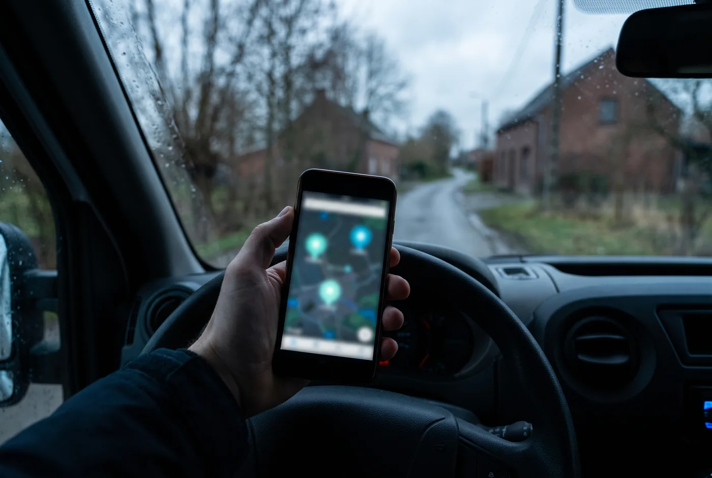 Smartphone met kaartweergave in een bestelwagen, symbool voor lokaal gevonden worden via Google