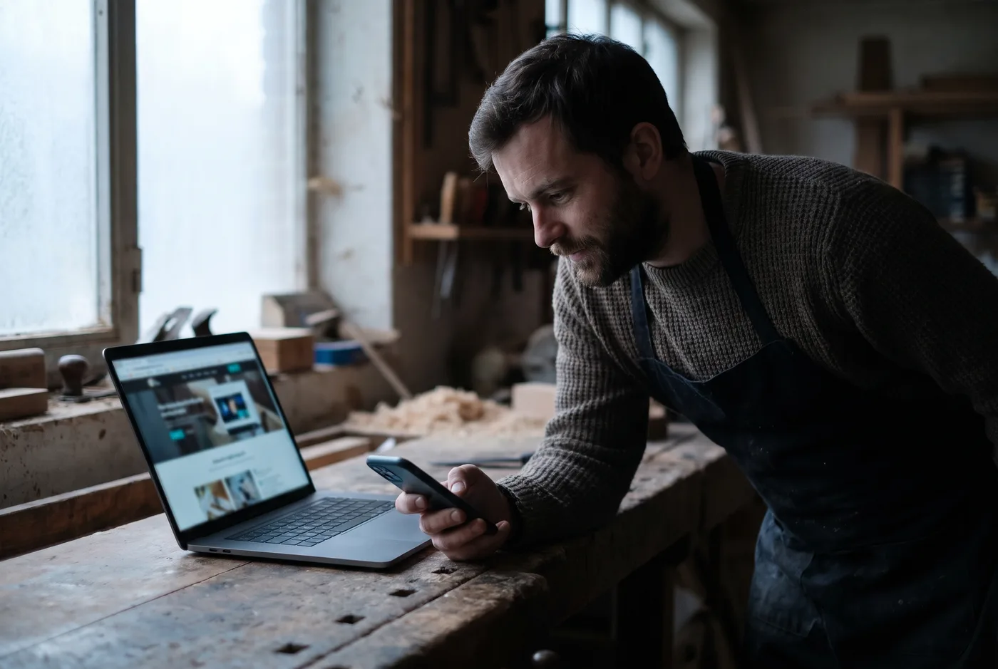 Ondernemer controleert een nieuwe website op smartphone en laptop
