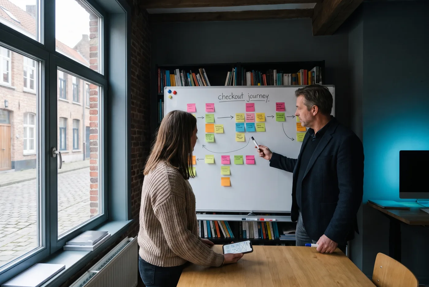Webdesigner en ondernemer bespreken een webshop-ontwerp op kantoor